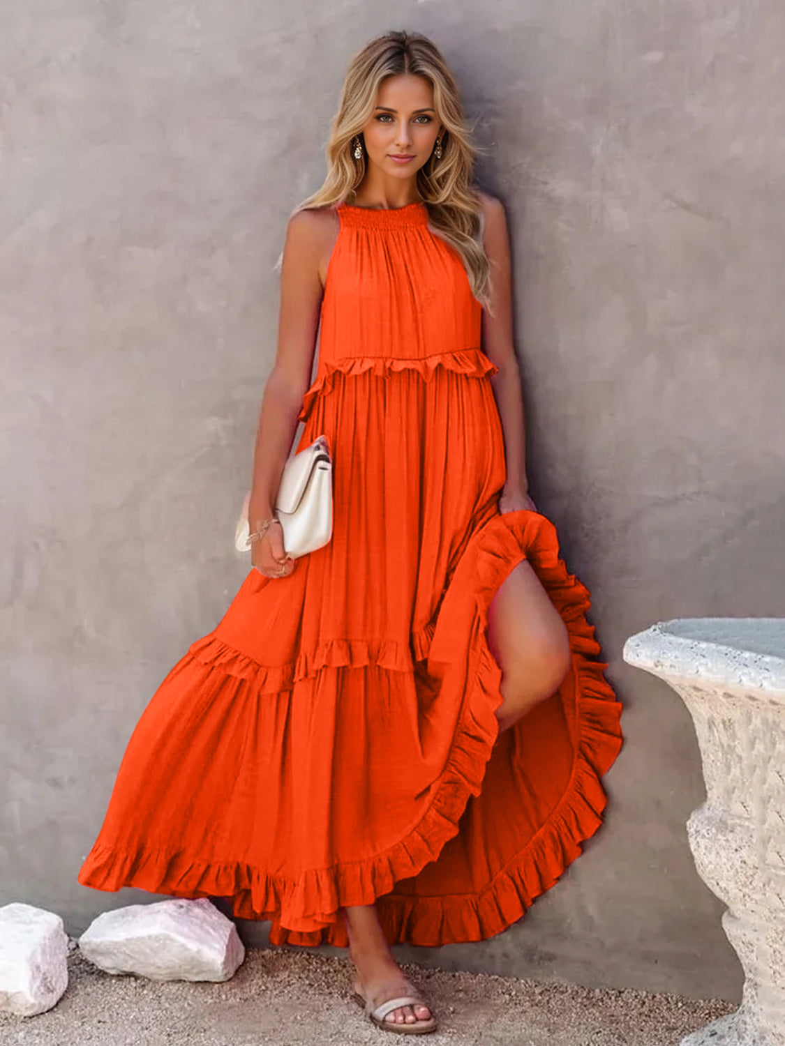 Ruffled Sleeveless Maxi Dress with Pockets