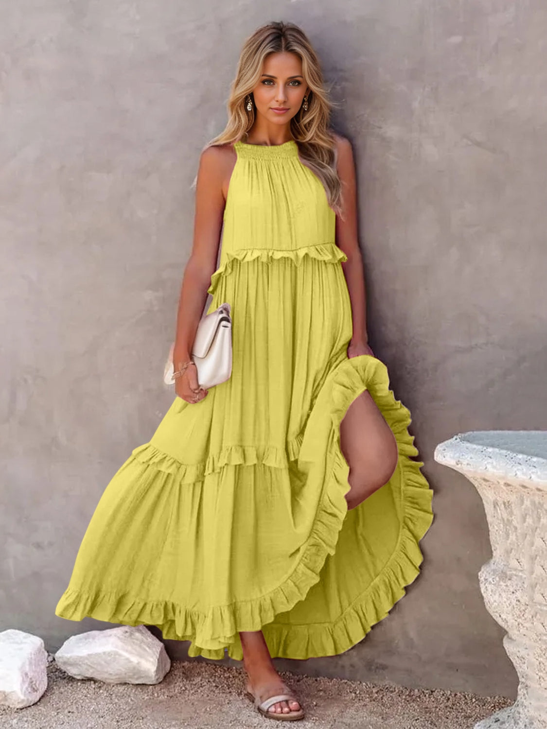 Ruffled Sleeveless Maxi Dress with Pockets