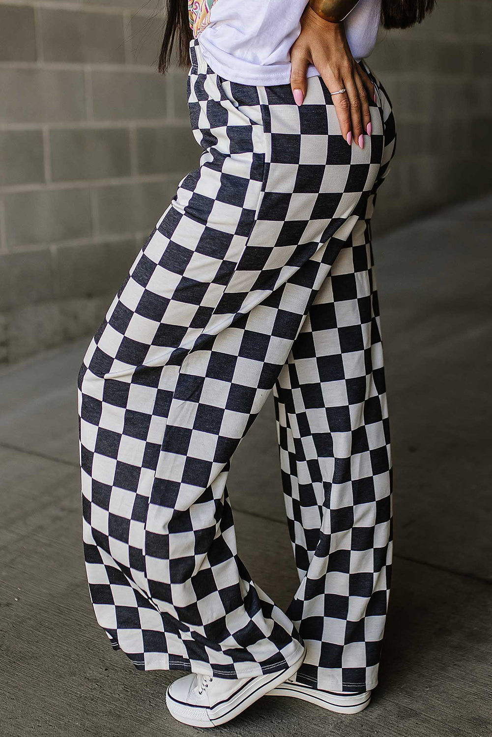 Checked High Waist Wide Leg Pants