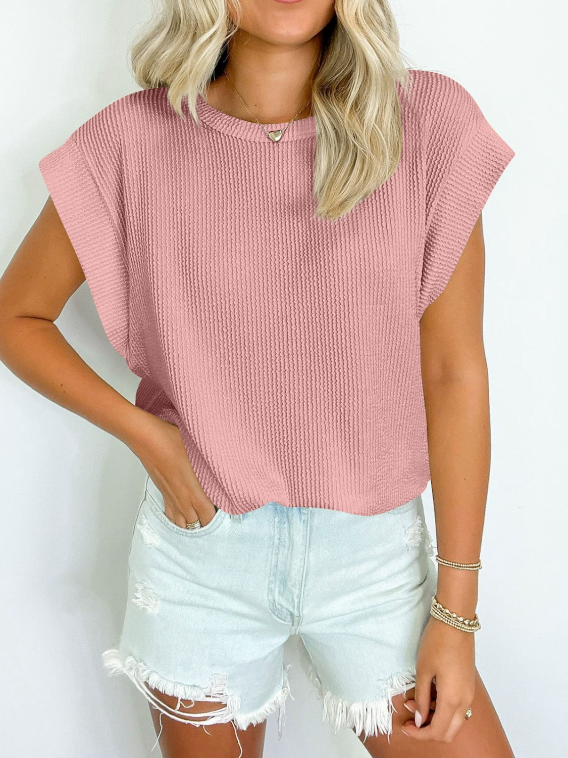 Textured Round Neck Cap Sleeve Top