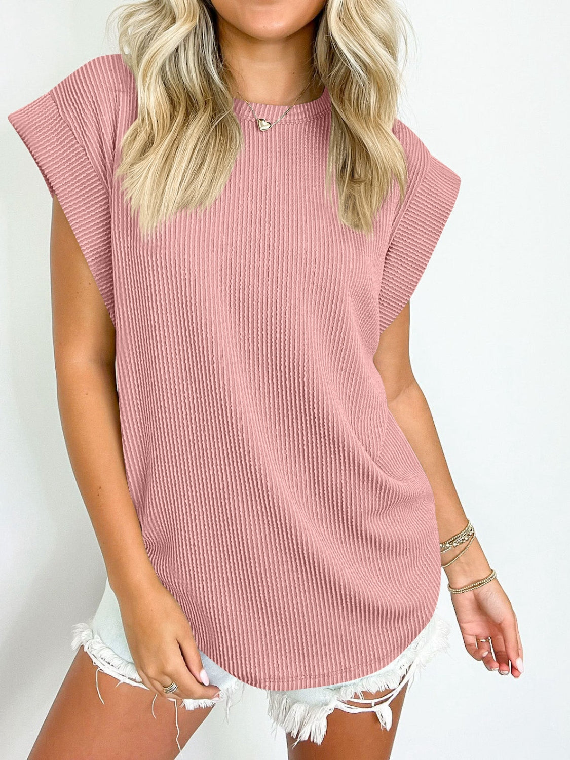 Textured Round Neck Cap Sleeve Top