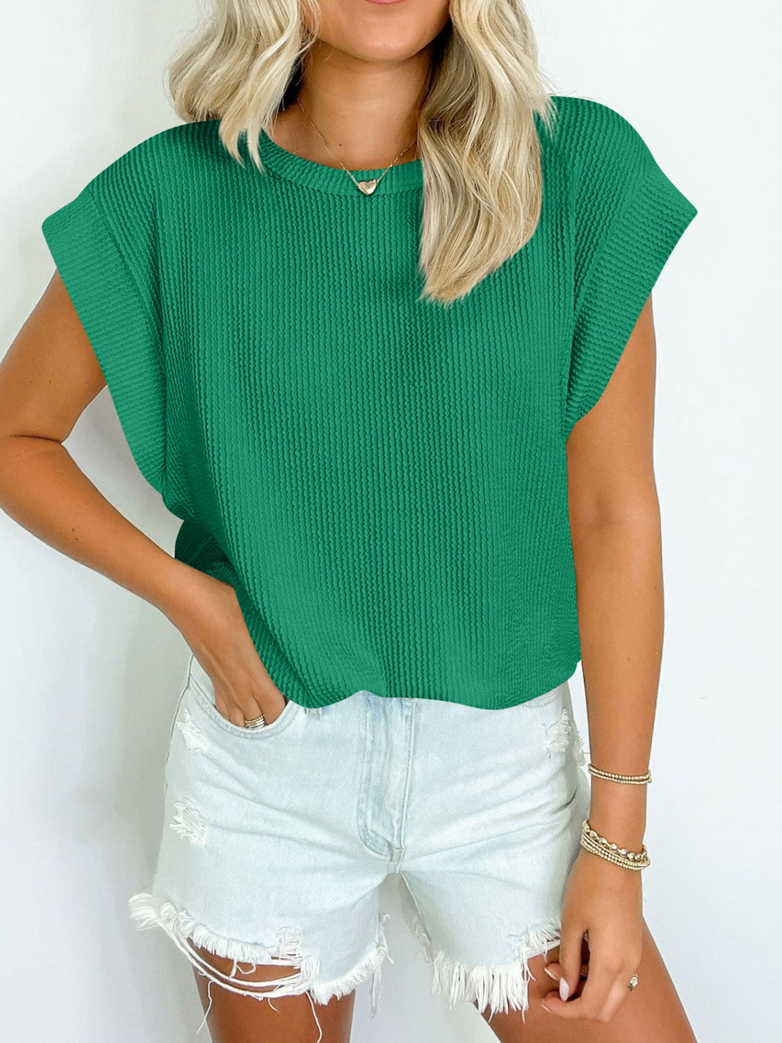 Textured Round Neck Cap Sleeve Top