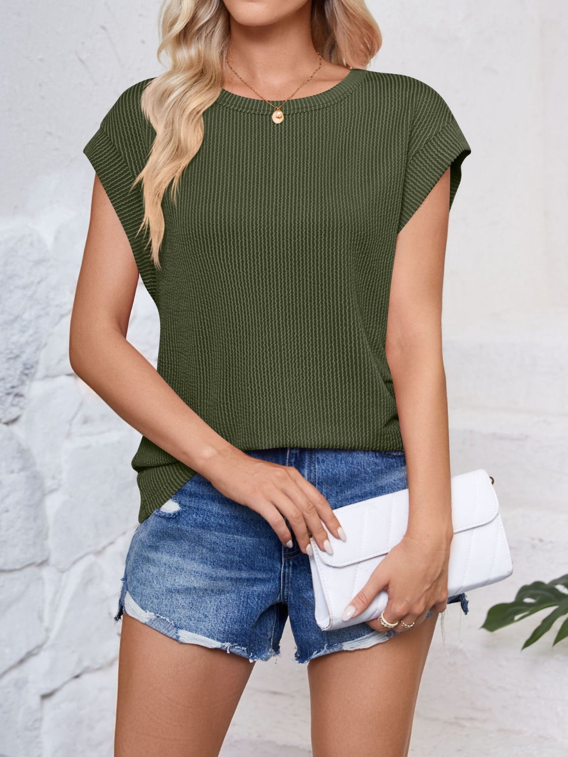 Textured Round Neck Cap Sleeve Top