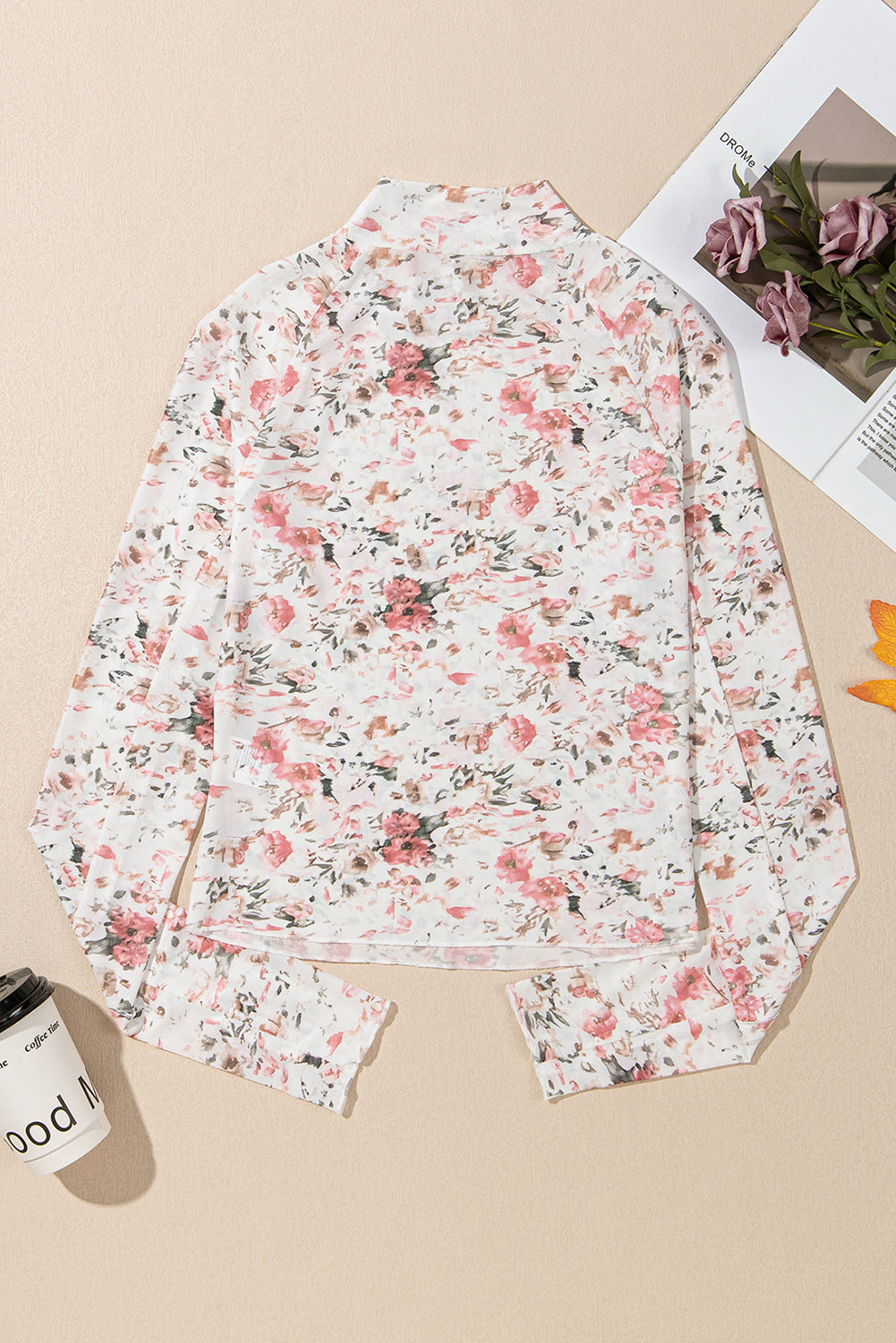 Floral Long Sleeve High Neck Mesh Top