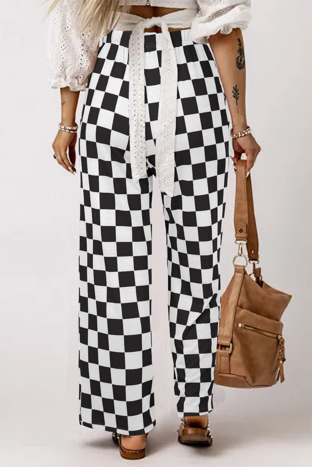 Checked High Waist Wide Leg Pants