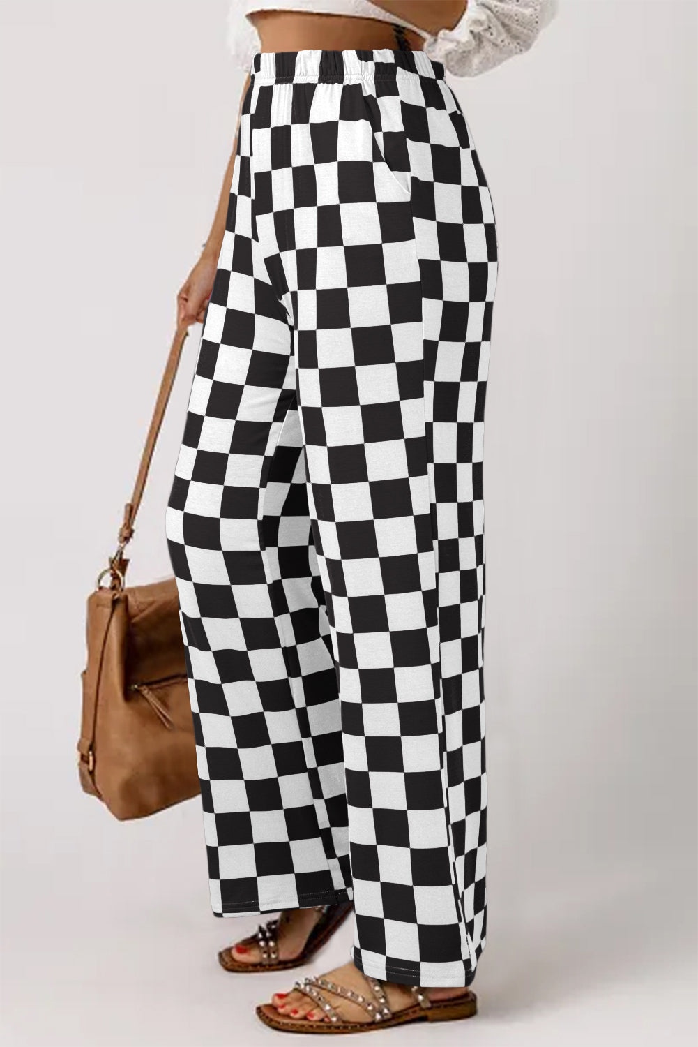 Checked High Waist Wide Leg Pants