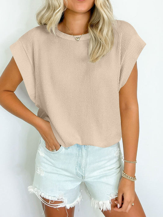 Textured Round Neck Cap Sleeve Top