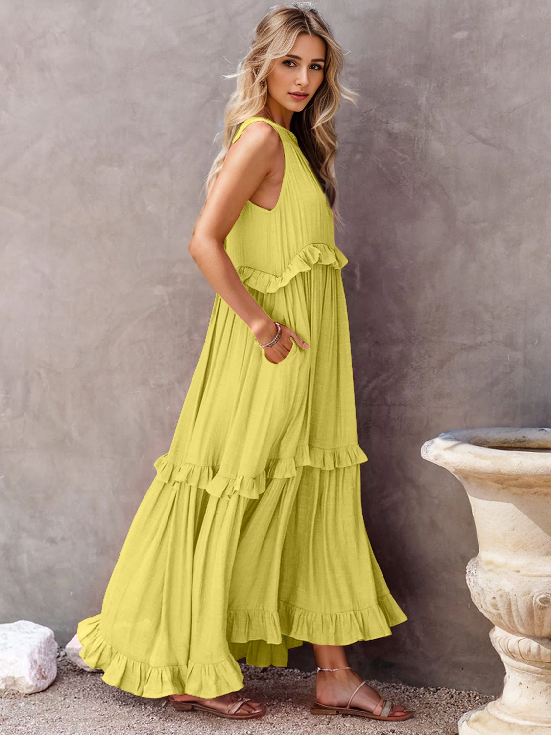 Ruffled Sleeveless Maxi Dress with Pockets