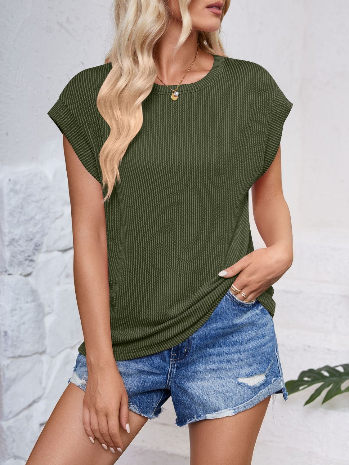 Textured Round Neck Cap Sleeve Top