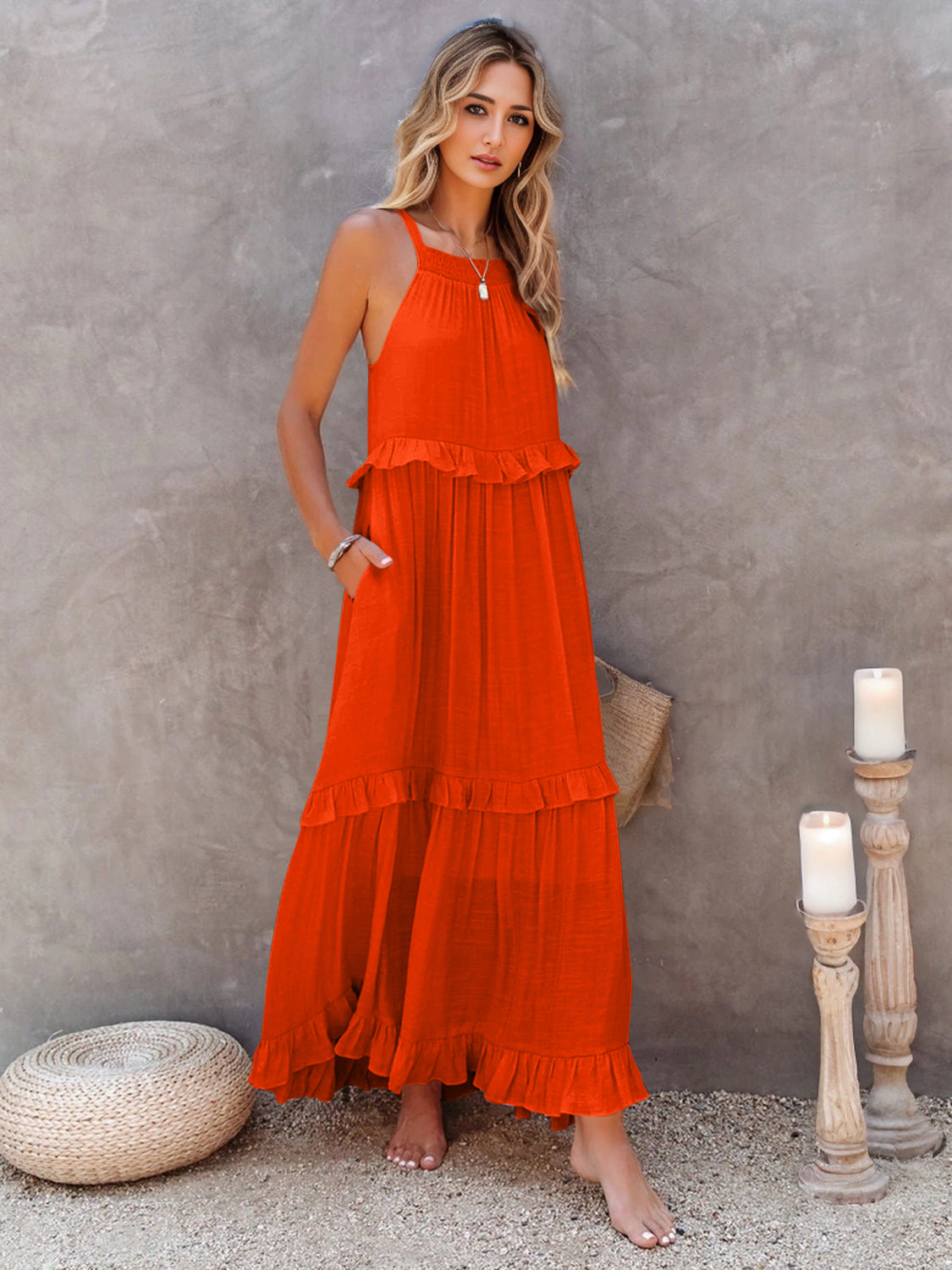 Ruffled Sleeveless Maxi Dress with Pockets