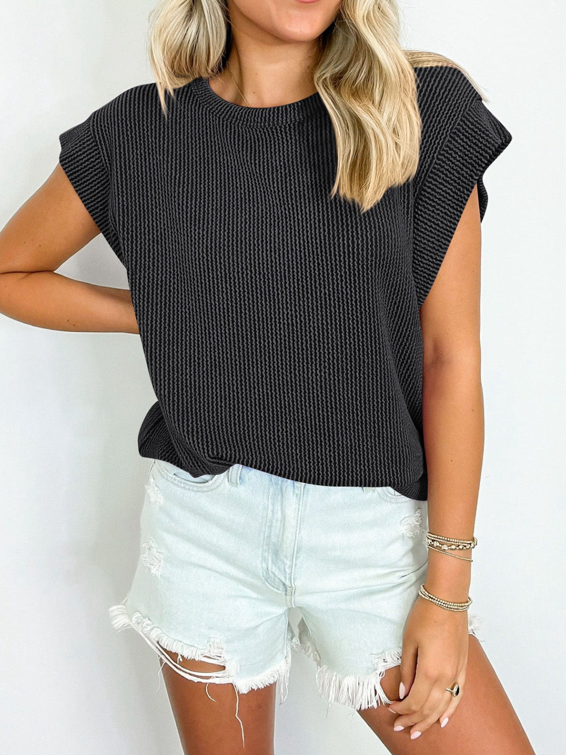 Textured Round Neck Cap Sleeve Top