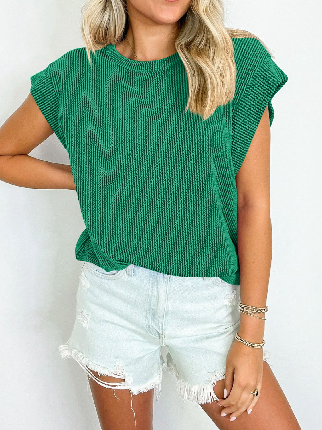 Textured Round Neck Cap Sleeve Top