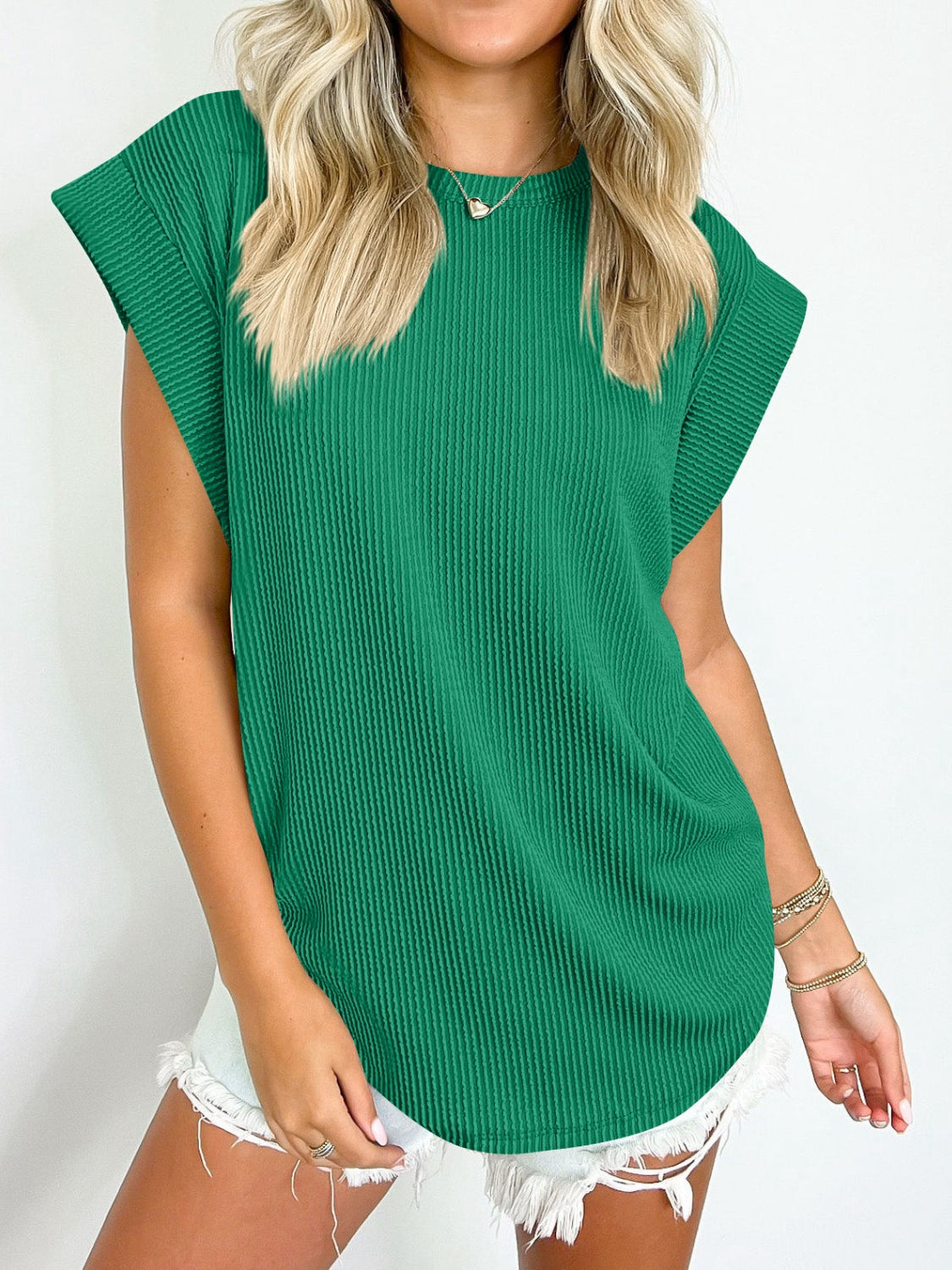 Textured Round Neck Cap Sleeve Top