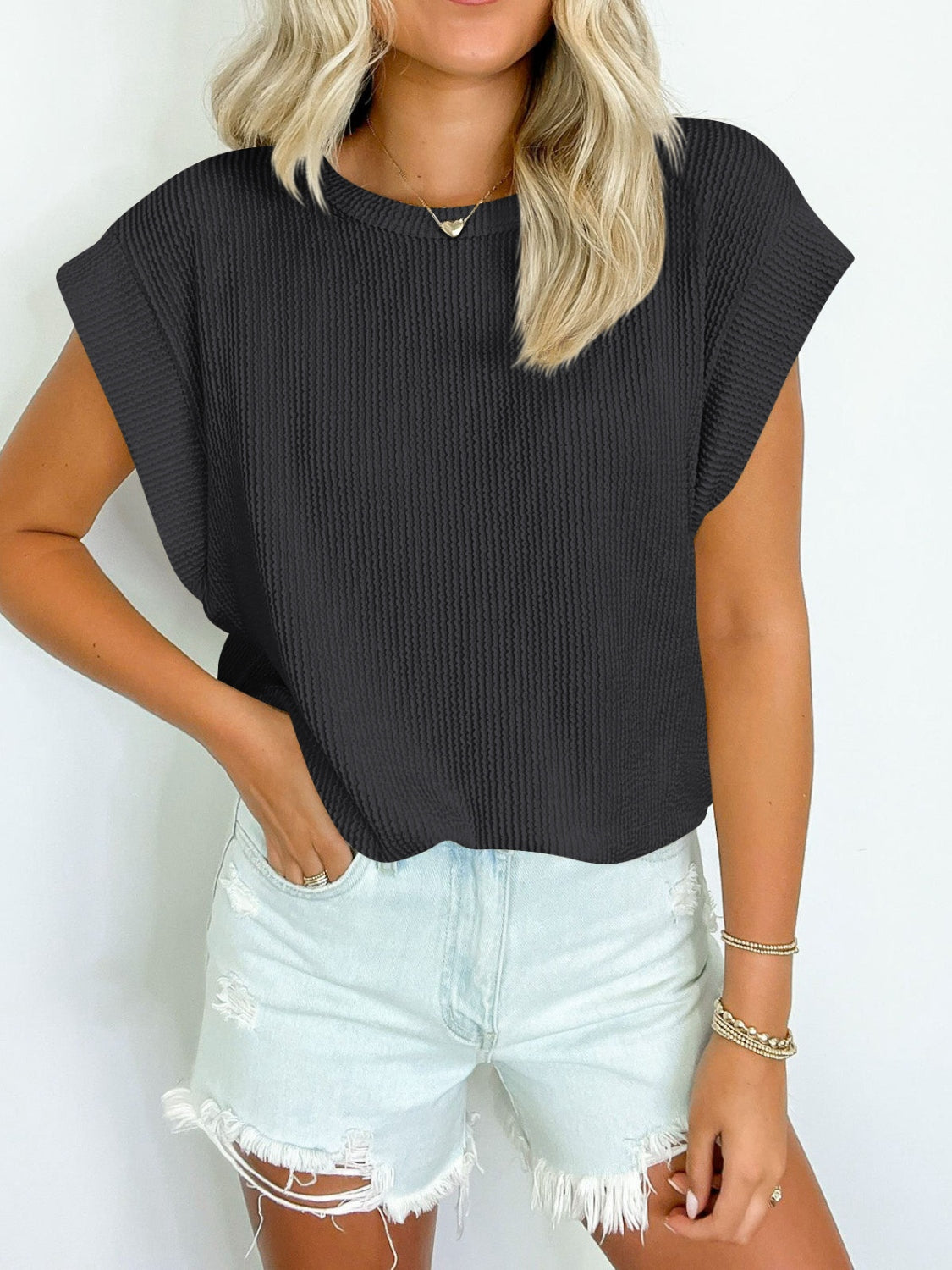 Textured Round Neck Cap Sleeve Top