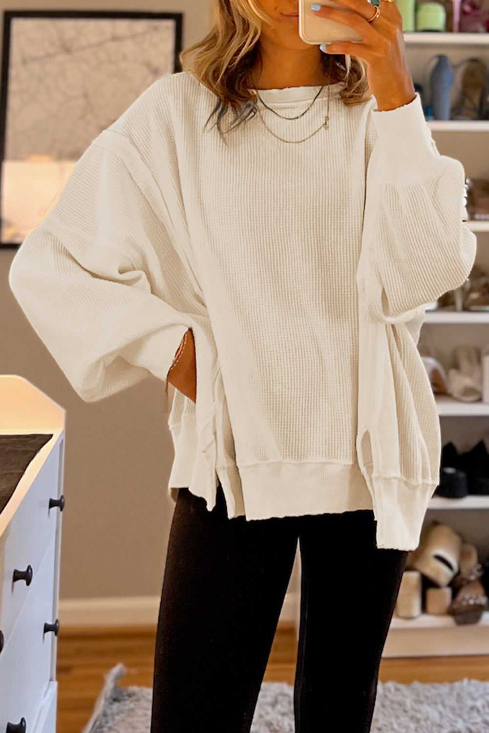 Waffle Knit Oversized Crewneck