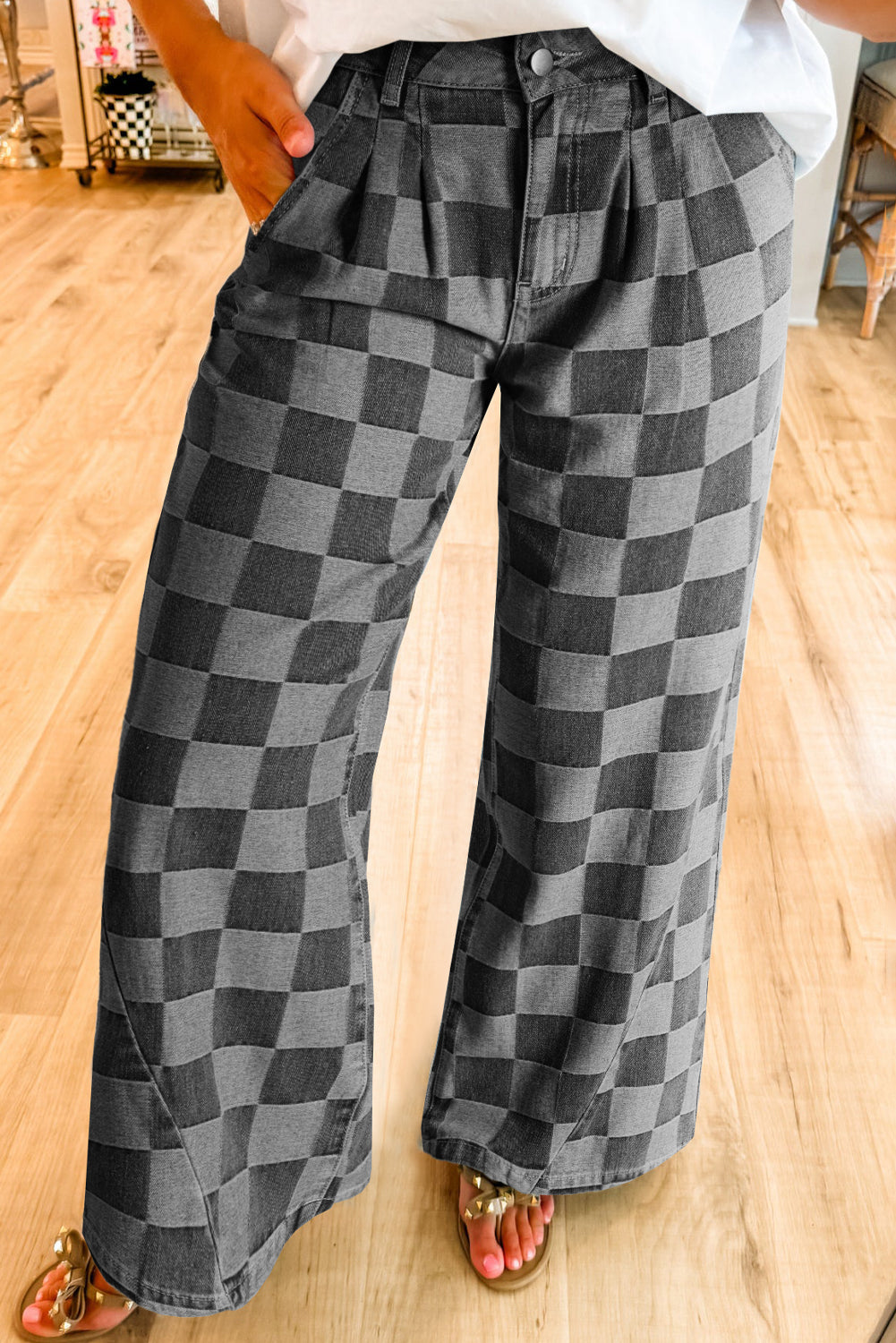 Checkered Denim Wide Leg Jeans