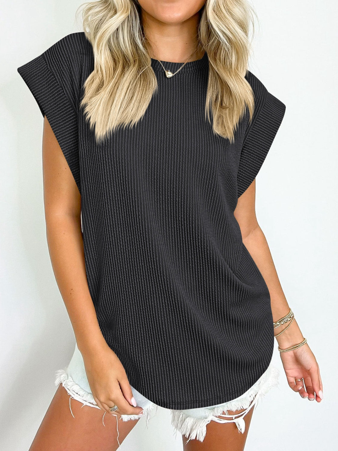 Textured Round Neck Cap Sleeve Top