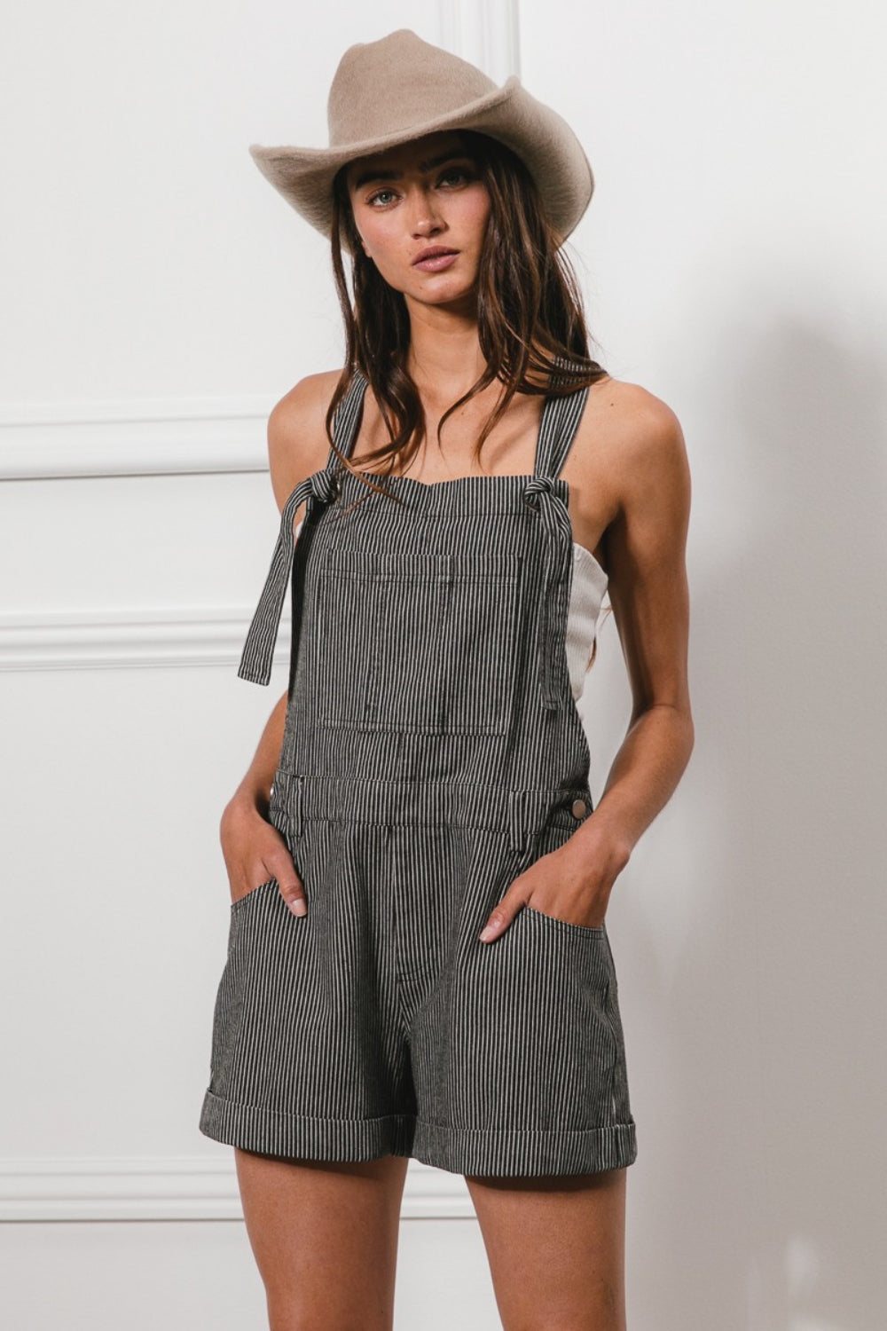 Tie Strap Washed Stripe Denim Overalls