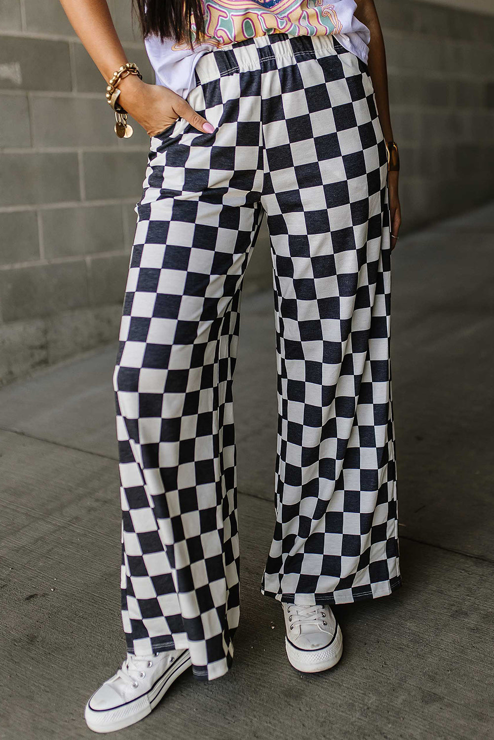 Checked High Waist Wide Leg Pants