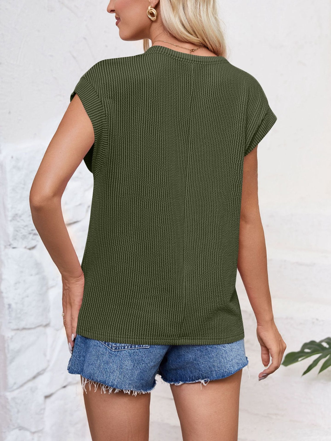 Textured Round Neck Cap Sleeve Top