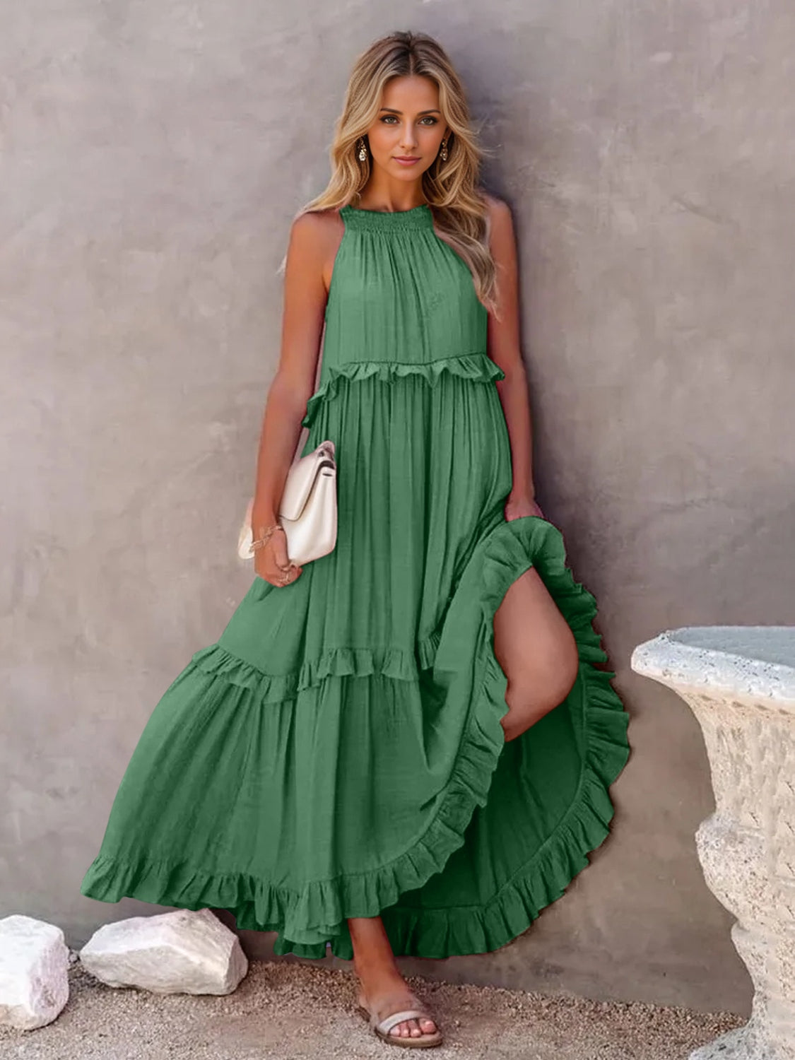 Ruffled Sleeveless Maxi Dress with Pockets