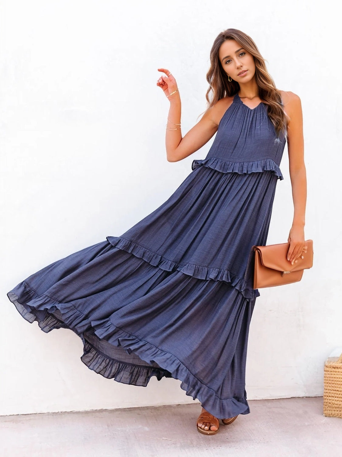 Ruffled Sleeveless Maxi Dress with Pockets