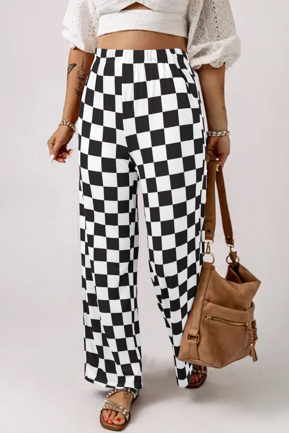 Checked High Waist Wide Leg Pants