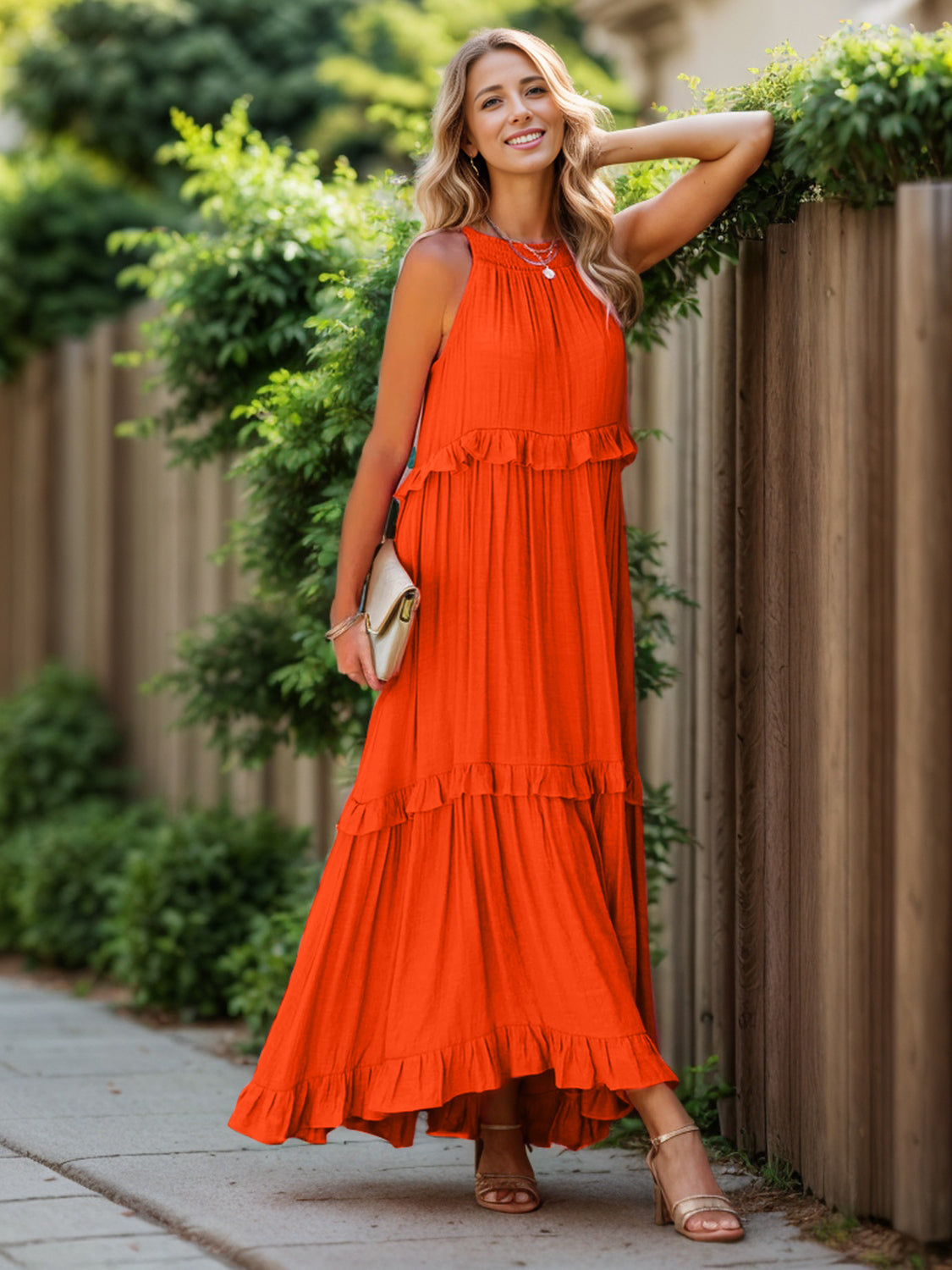 Ruffled Sleeveless Maxi Dress with Pockets