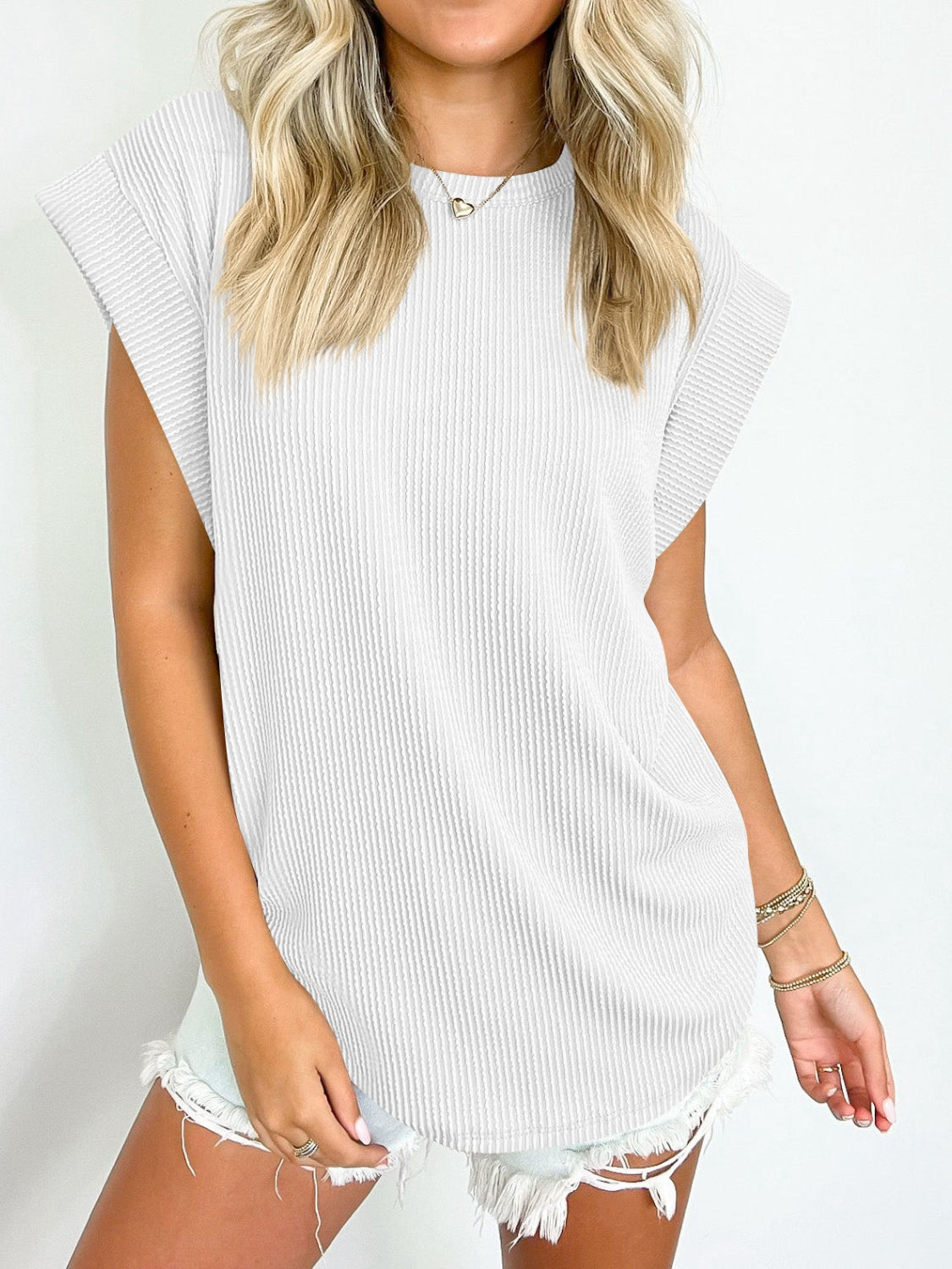 Textured Round Neck Cap Sleeve Top