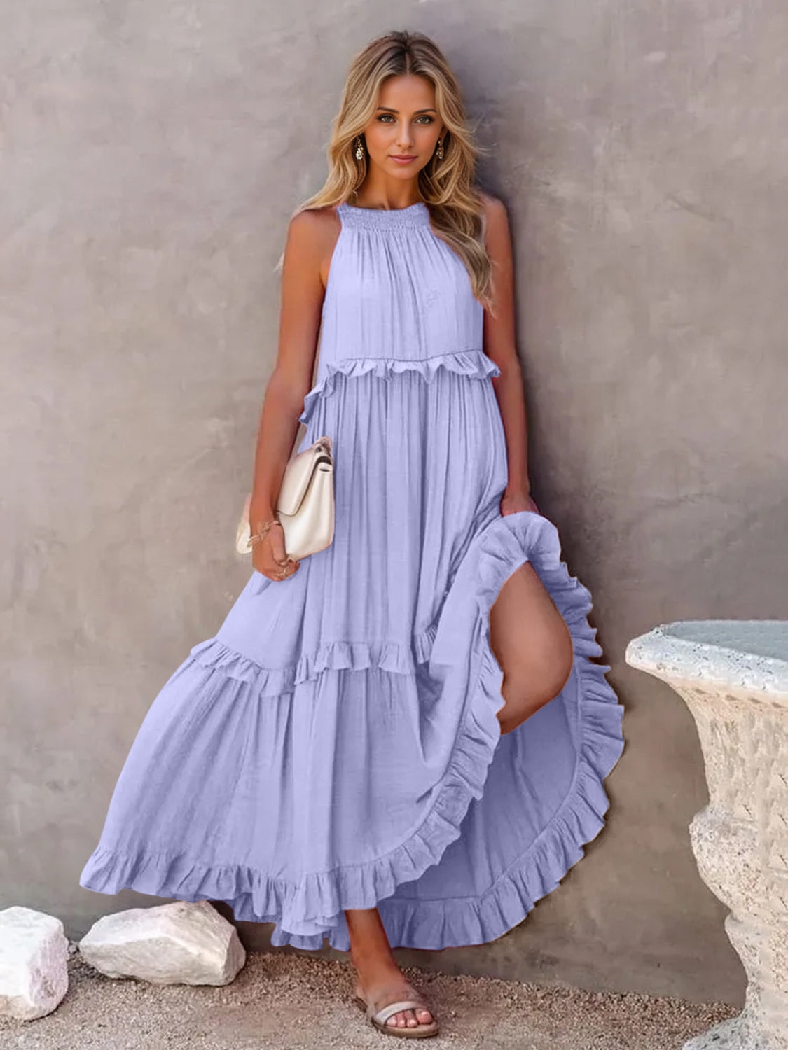 Ruffled Sleeveless Maxi Dress with Pockets