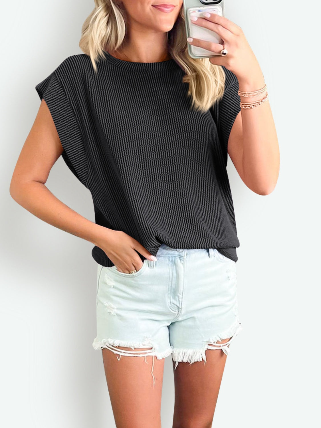 Textured Round Neck Cap Sleeve Top