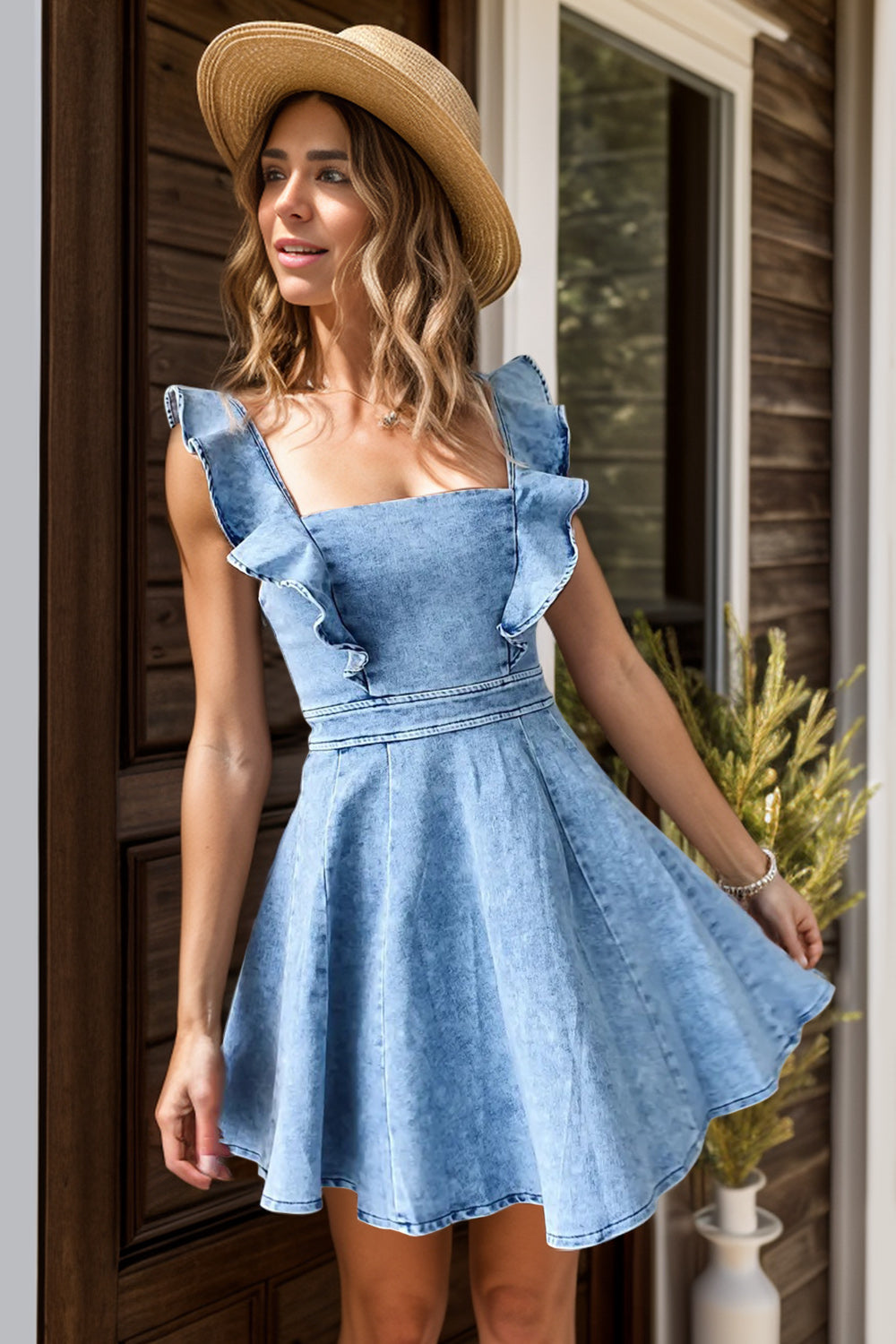 Ruffled Square Neck Mini Denim Dress