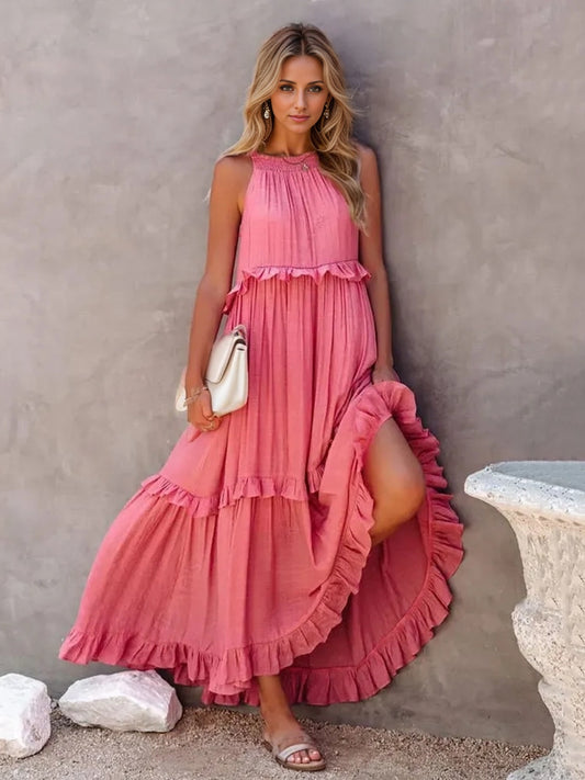 Ruffled Sleeveless Maxi Dress with Pockets