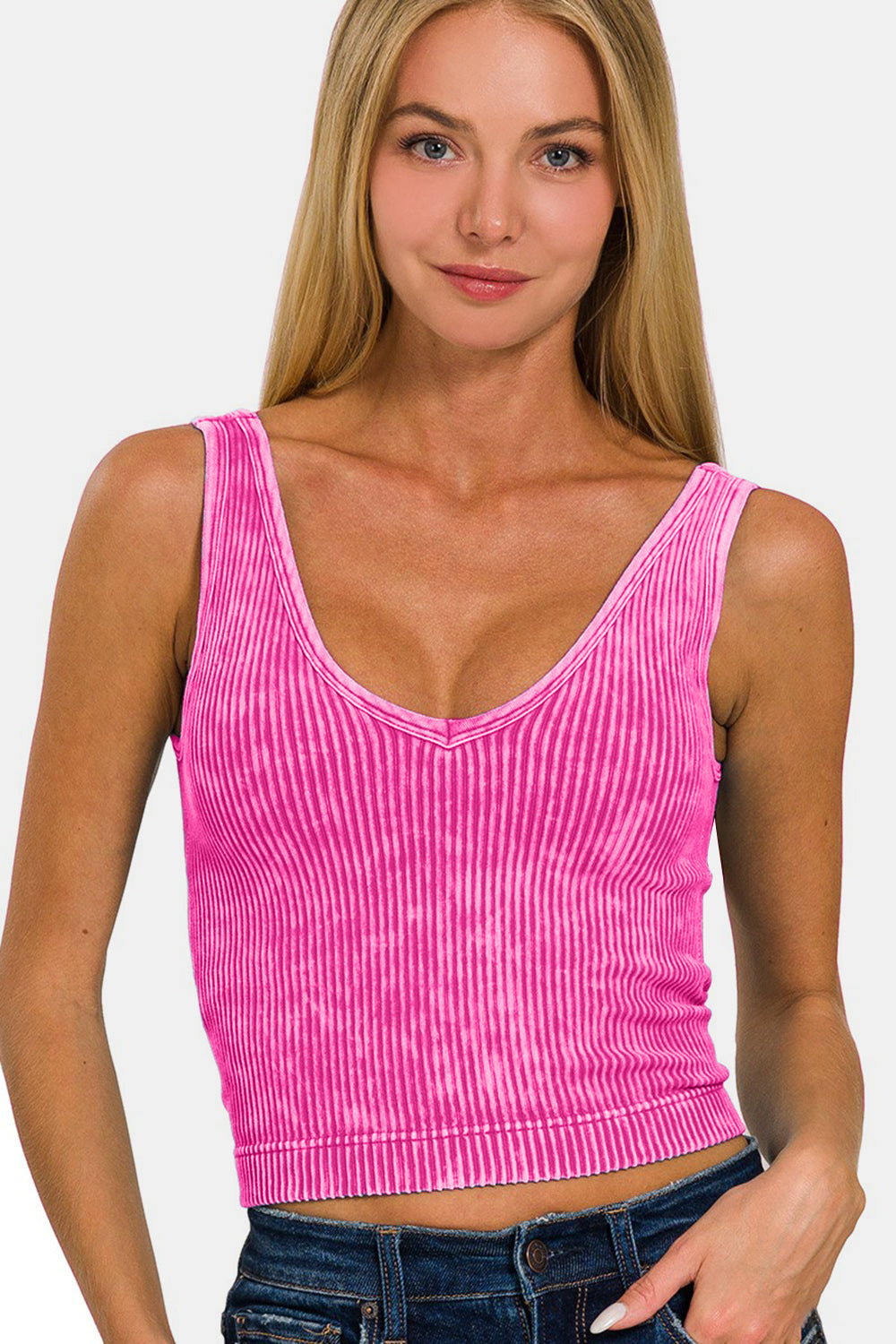 Washed Ribbed Cropped Bra Padded Tank