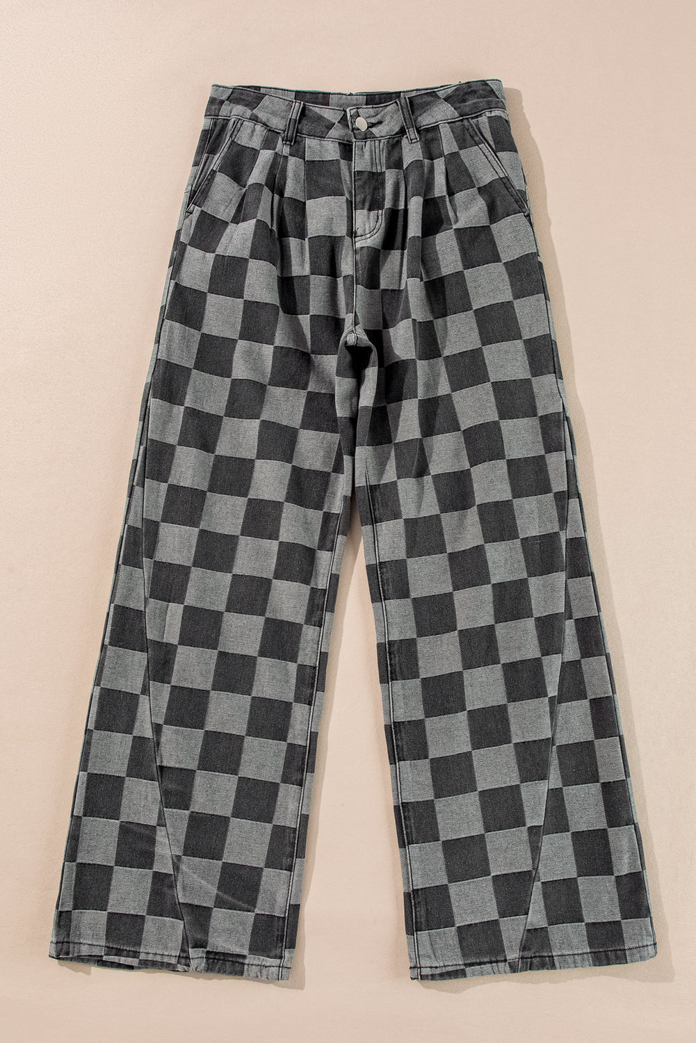 Checkered Denim Wide Leg Jeans