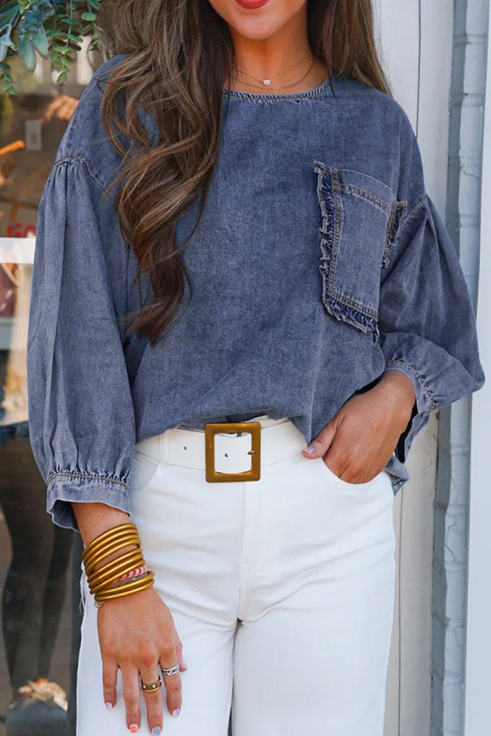 Ruffled Pocket Denim Blouse