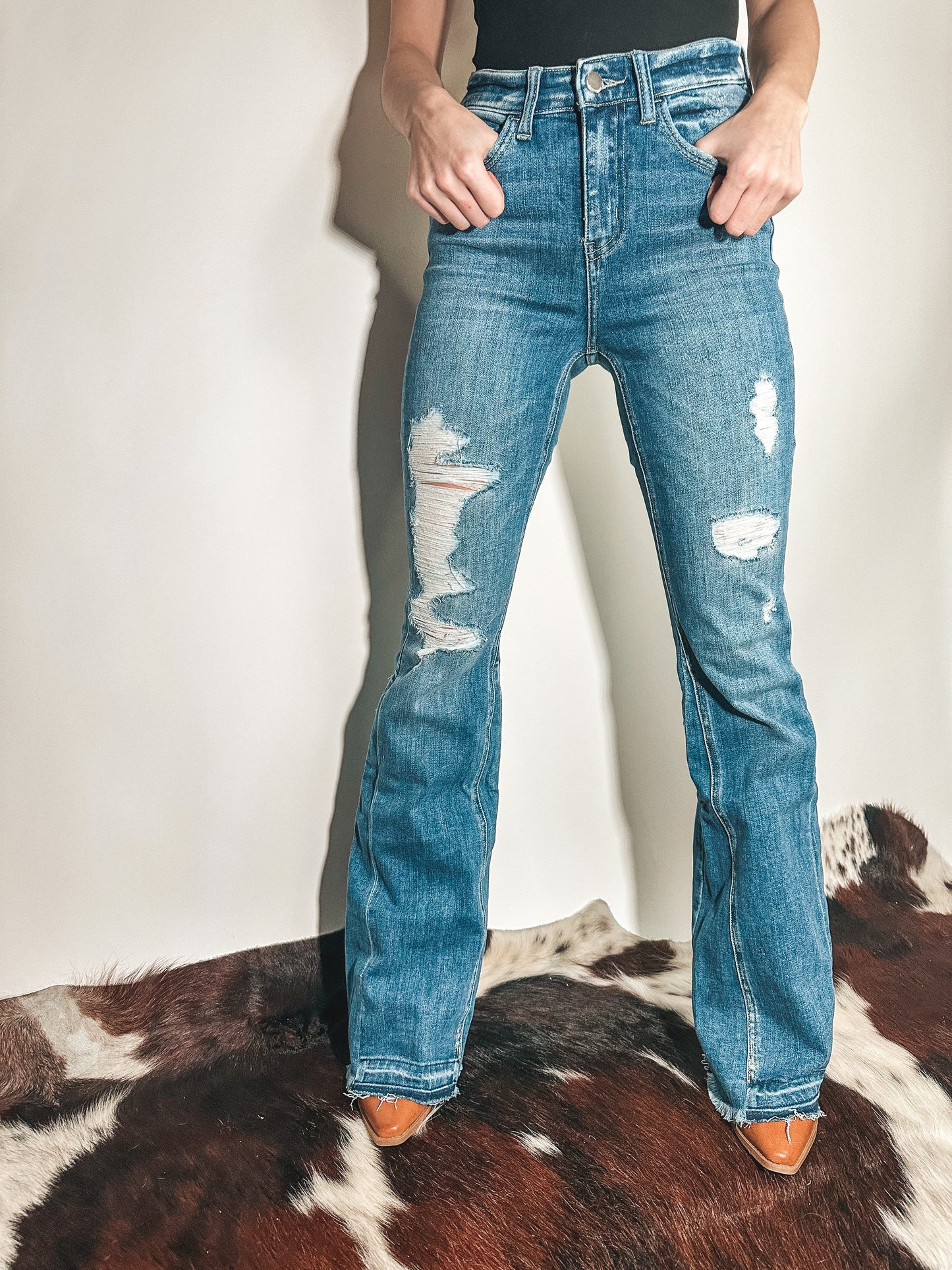 Flying Monkey High Rise Distressed Released Hem Flare